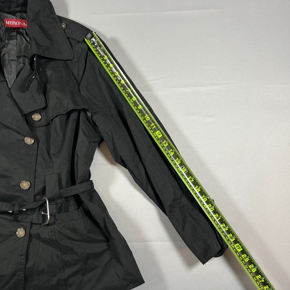 Merona Trench Coat Womens 1 Black Cotton Double Breasted Belted Waist Minimalist - Picture 6 of 12